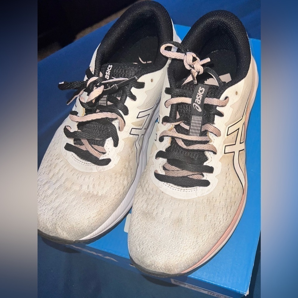 White/Black/Pink Asics Sneakers—size 9
